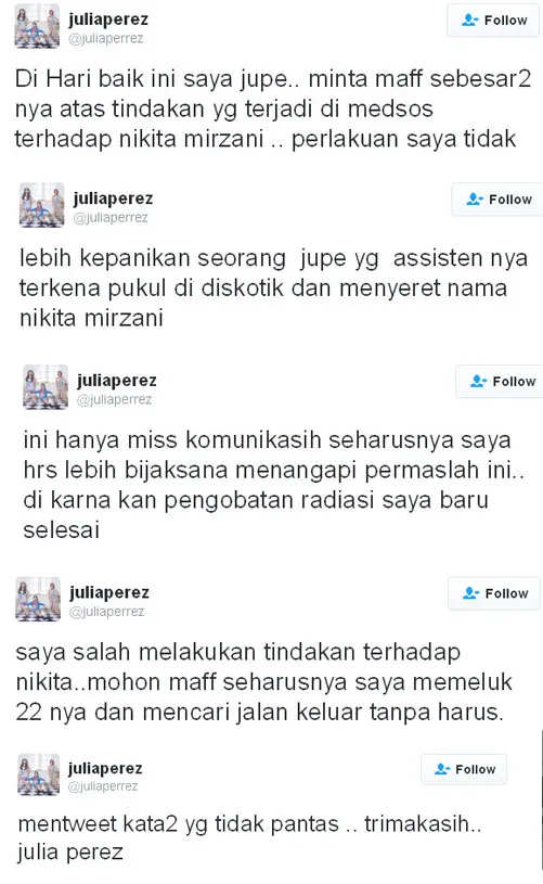 Julia Perez minta maaf ke Nikita Mirzani © Twitter.com/juliaperrez