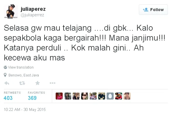Screencaps Jupe berniat telanjang di GBK agar sepak bola kembali bergairah. ©twitter Julia Perrez