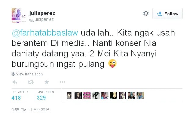 Sindiran halus Jupe untuk Farhat / © Twitter