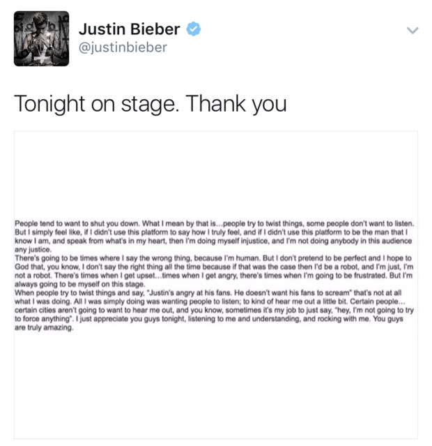 Justin Bieber, sempat mengutarakan permintaan maafnya di Twitter sebelum kemudian menghapusnya © Metro.co.uk/twitter.com