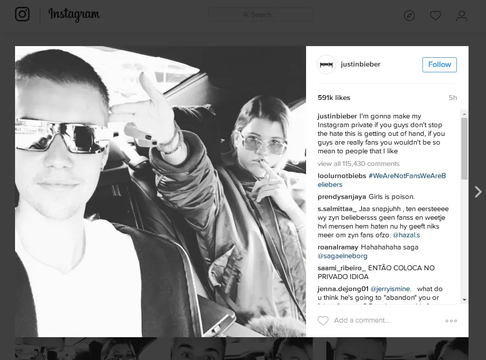 Sofie Richie dihujam kritik para Beliebers, Justin Bieber ancam bakal gembok akun Instagram-nya © instagram.com/justinbieber