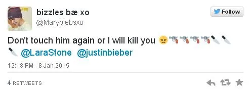Salah satu tweet ancaman dari belieber @ twitter.com/Marybiebsxo
