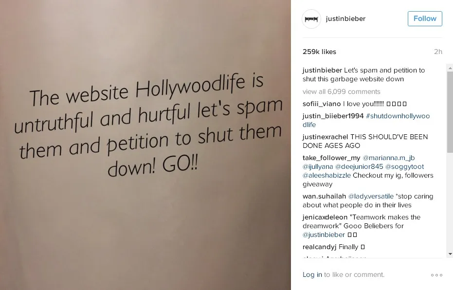 Petisi Justin untuk Hollywoodlife © instagram.com/justinbieber
