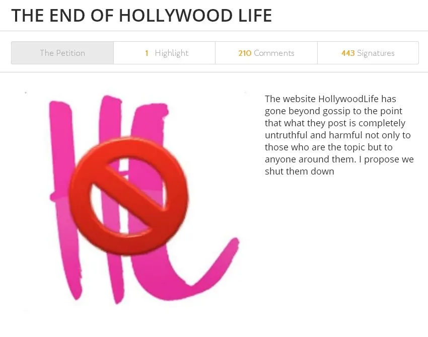 Salah satu petisi untuk menutup situs Hollywoodlife © ipetitions.com