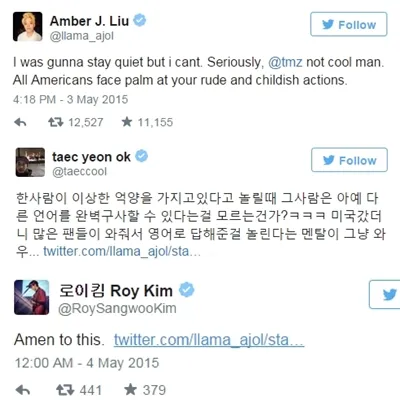 Amber, Taecyeon, dan Roy Kim angkat bicara soal berita rasis Tmz. ©twitter.