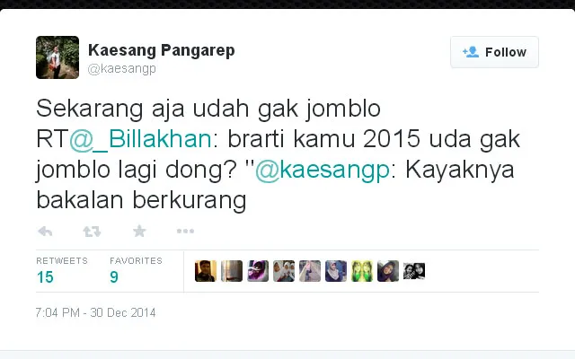 30 Desember 2014, Kaesang menulis tak lagi jomblo. ©twitter.com/kaesangp