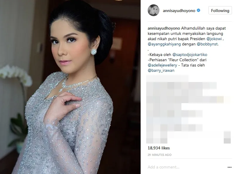Cantiknya Annisa Pohan di acara akad nikah Kahiyang ©instagram/annisayudhoyono