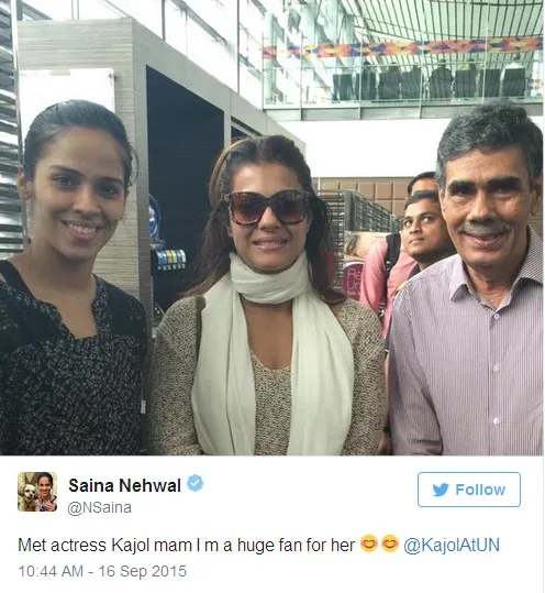 Saina sangat bahagia bisa bertemu dengan Kajol. ©twitter/nsaina