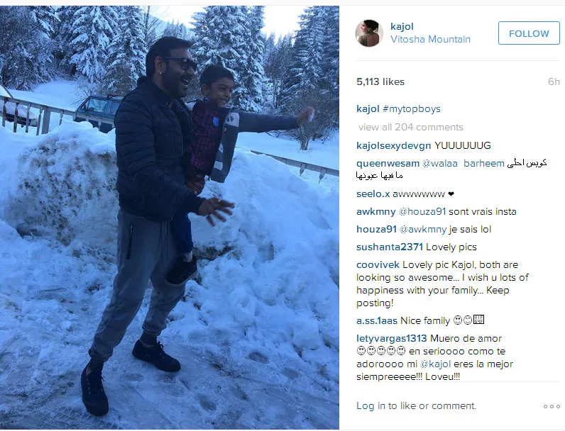Begini ekspresi ayah dan anak saat bercengkerama sambil lihat salju, priceless! © Instagram.com/Kajol