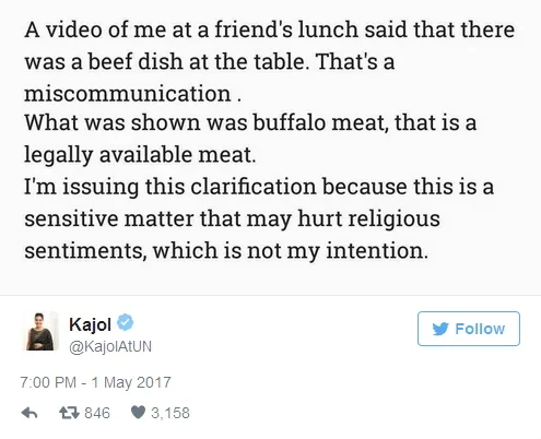 Klarifikasi Kajol soal daging sapi yang ia makan ©twitter/kajolatun