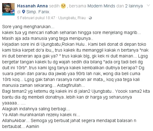 Kisah ini dibagikan oleh pembeli donat kakek yang tertipu tersebut ©  Facebook.com/Hasanah Anna