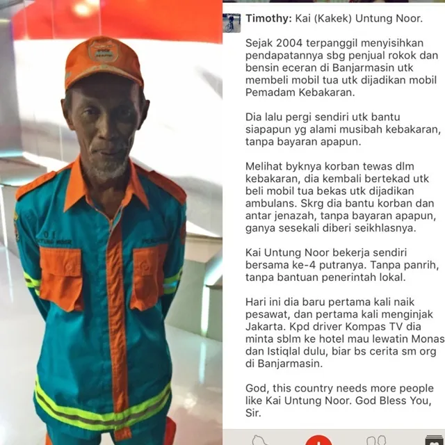 Kakek Untung, petugas pemadam kebakaran yang tak meminta gaji sedikit pun demi membantu sesama © twitter.com/timmarbun