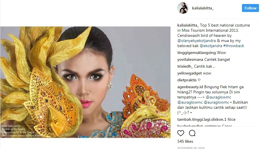 Kalia Labitta di ajang Miss Tourism 2013. 姆nstagram.com/kalialabitta_