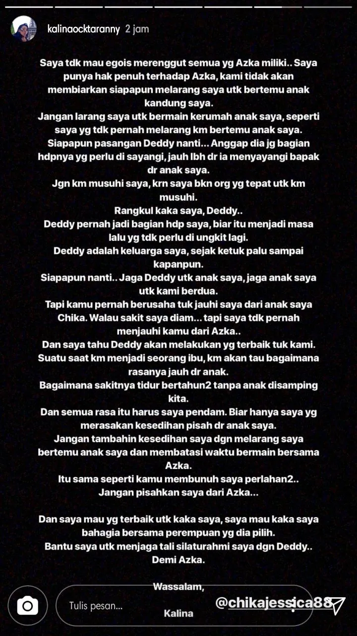 Pesan dan permohonan Kalina untuk Chika © instagram.com/kalinaoctaranny