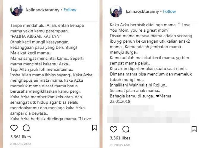 Meski merasa kehilangan, Kalina mengaku sudah mengikhlaskan kepergian sang janin. © Instagram/kalinaoctaranny