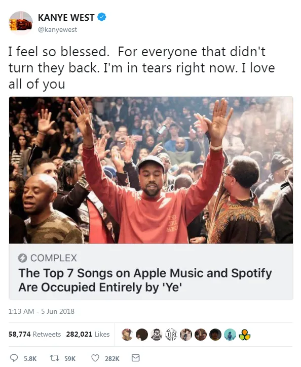 Album 'Ye' berhasil merajai puncak chart musik Appel dan Spotify Š twitter.com/kanyewest