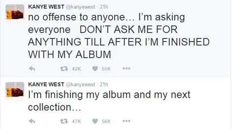 Kicauan dari Kanye West tentang penggarapan albumnya © Twitter.com/Kanyewest