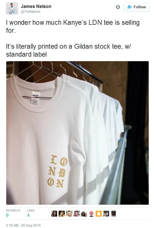 Biaya produksi kaos Kanye West ternyata nggak semahal harga jual yang ditawarkan © twitter.com/YoNelson