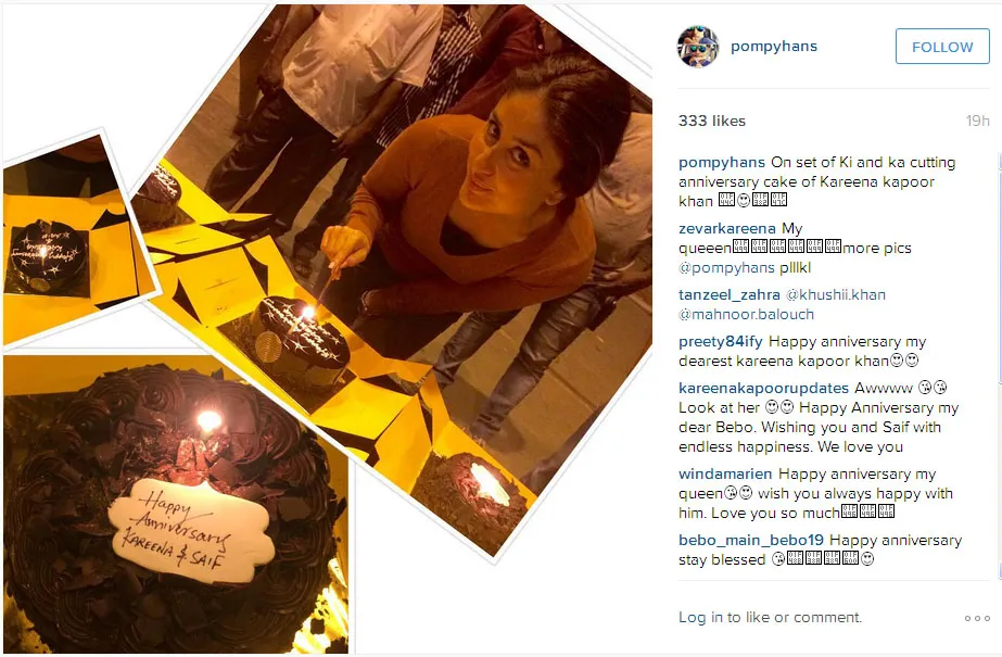Ini dia pose Kareena kala memotong kue hadiah dari para kru film © Instagram.com/pompyhans
