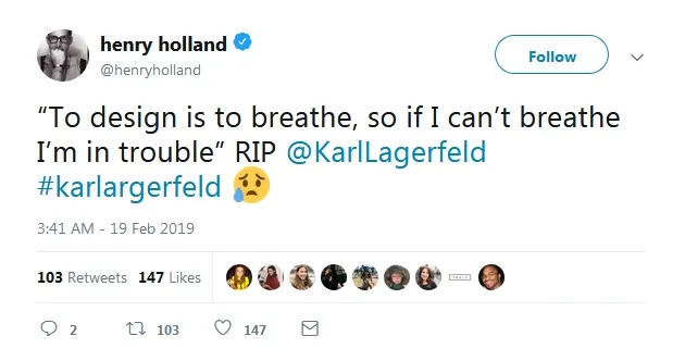 Ucapan bela sungkawa atas kepergian Karl © Twitter/henryholland