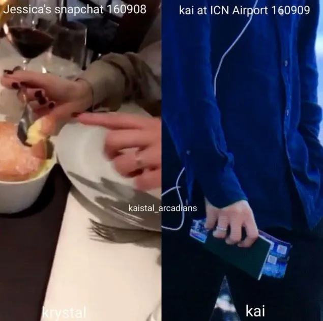 Kai EXO dan Krystal f(x) mengenakan cincin di jari manis mereka. ©allkpop.com