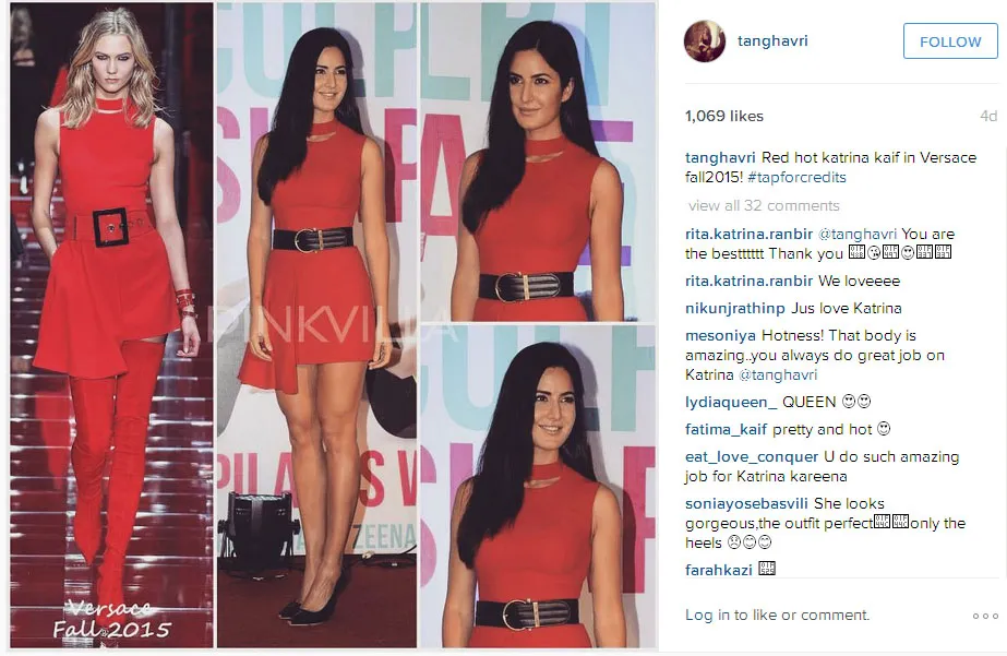 Katrina Kaif tampil memukau dengan balutan mini dress merah © Instagram.com/tanghavri