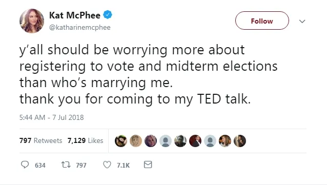 Geram selalu digosipkan, ini respon Katharine untuk para hatersnya. (twitter.com/katharinemcphee)
