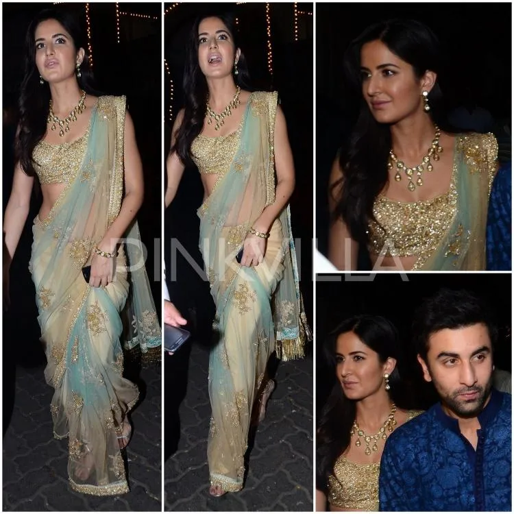 Katrina tampil mempesona dengan sari emas ini. ©pinkvilla