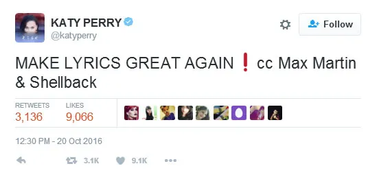 Lewat Twitter, Katy Perry memberitahukan para fansnya kalau ia kembali bekerjasama dengan Max Martin dan Shellback © twitter.com/katyperry