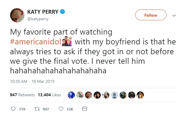 Katy jelas-jelas bilang 'pacarku' © twitter.com/katyperry