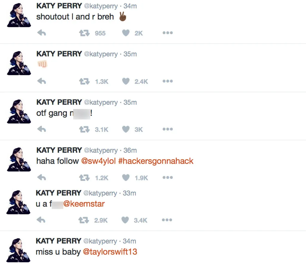Berbagai tweet Katy yang ternyata dibajak © eonline.com