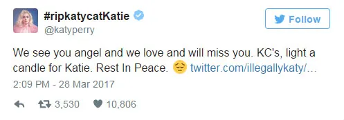 Katy Perry berikan penghormatan terakhir pada fansnya, Katie Bell, yang meninggal karena kecelakaan mobil via: Twitter.com/katyperry