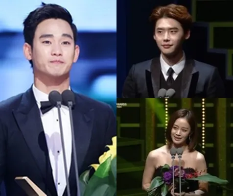 Kim Soo Hyun, Lee Jong Suk, dan Kim Tae Hee saat menerima penghargaan dalam Korea Drama Awards. ©soompi.com
