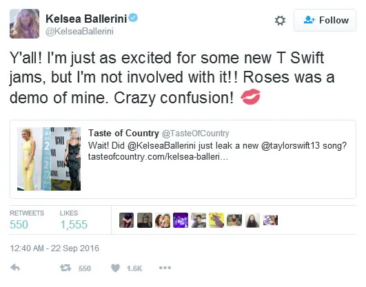Lewat Twitter, Kelsea Ballerini tepis rumor kolaborasinya bersama Taylor Swift © twitter.com/KelseaBallerini