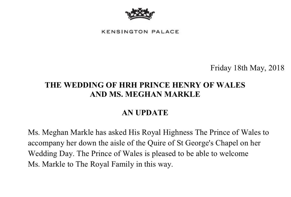 Kensington Palace mengumumkan jika Pangeran Charles akan mendampingi Meghan Markle berjalan menuju altar pernikahan © twitter.com/KensingtonRoyal