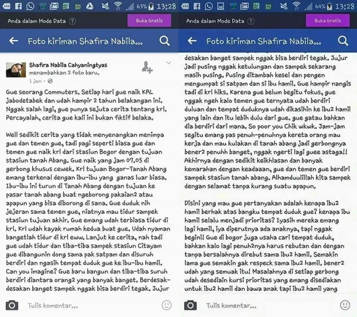Satu tahun berselang, seorang mahasiswi lagi-lagi mengeluhkan Ibu hamil yang jadi penumpang KRL © Facebook.com