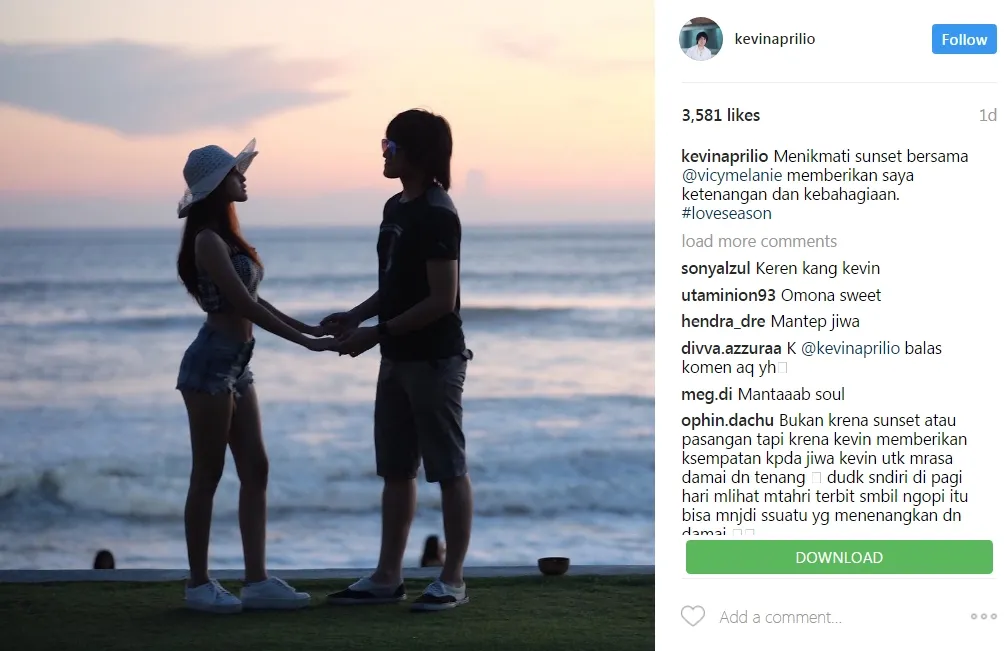 Kevin Aprilio mengupload foto romantis dengan Vicy Melanie. 姆nstagram.com/kevinaprilio