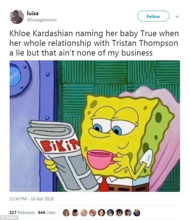 Netizen bandingkan nama bayi Khloe dan perselingkuhan Tristan © Twitter.com/luisagibsonxo