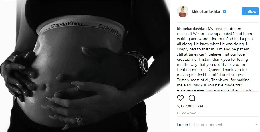 Khloe Kardashian berbagi kabar kehamilan melalui instagram. Cr: instagram.com/khloekardashian