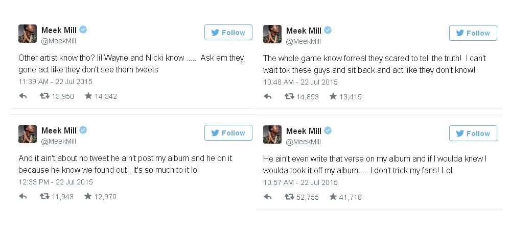 Meek Mill berkicau tentang tanggung jawab Drake sebagai penulis lagu ©Twitter