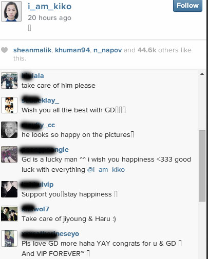 Instagram Kiko Mizuhara banjir ucapan selamat dari fans G-Dragon dan Big Bang. @dok. istimewa