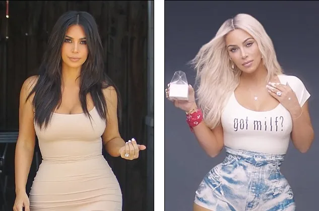 Kim K di dunia nyata (kiri) dengan penampilannya di video Fergie, editan? ©dailymail