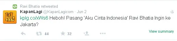 Ravi Bhatia meretweet berita tentang dirinya di akun Twitter KapanLagi.com® @twitter.com/ravibhatia333