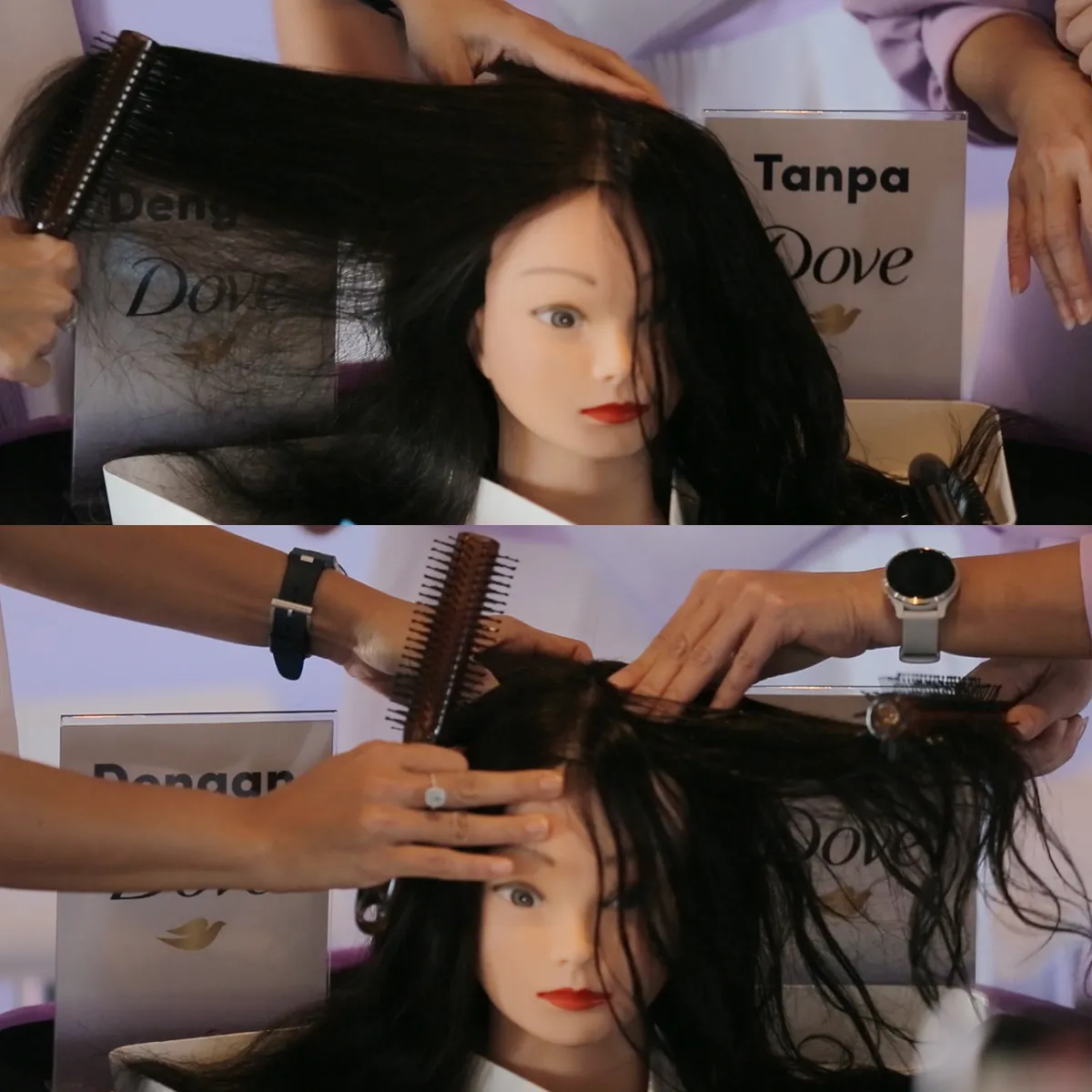 Atas: perawatan menggunakan Dove Micellar Shampoo membuat rambut nggak rontok dan mudah disisir/Kapanlagi.com