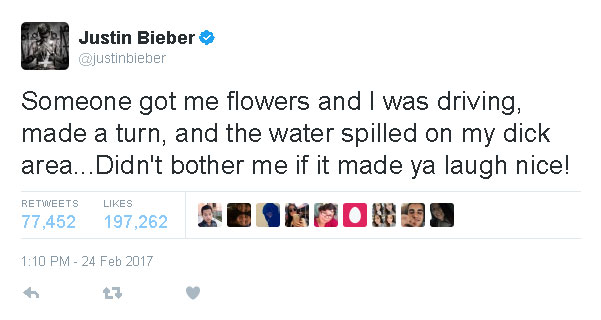 Jadi buah bibir dan bahan bercanda, Justin Bieber mengklarifikasi kejadian celananya yang basah Š twitter.com/justinbieber
