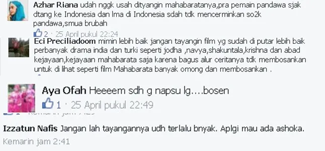 Ini berbagai komentar netizen yang mengaku tak setuju dan bosan jika serial 'Mahabharata' ditayangkan ulang @facebook.com/pages/Pecinta-Mahabharata