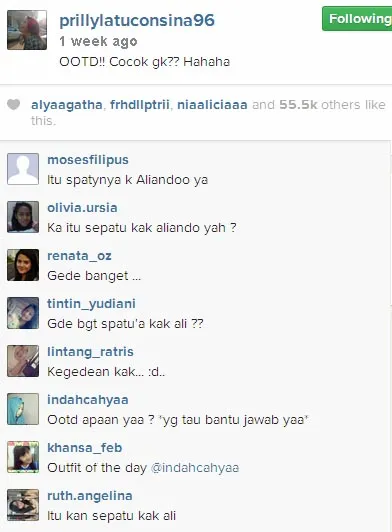 Komentar netizen menduga sepatu yang dipakai Prilly milik Aliando. Instagram.com/prillylatuconsina96