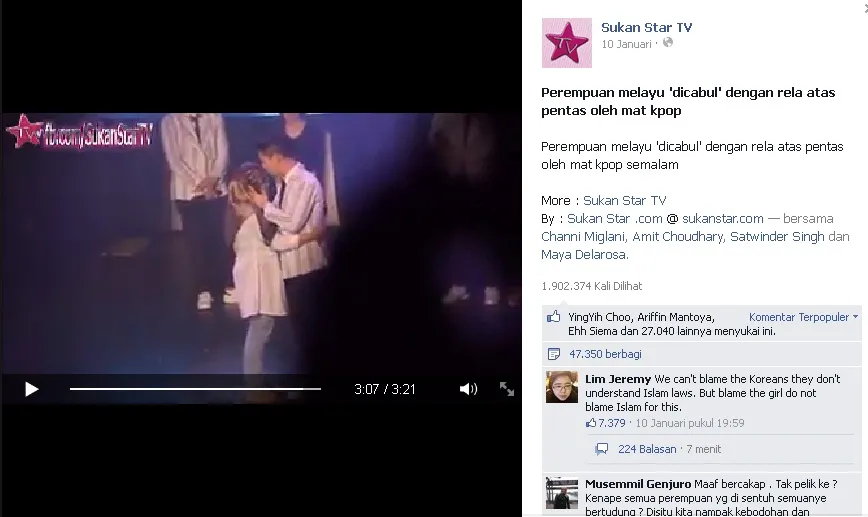 Baro mencium kening fans dan mendapat komentar negatif dari netizen Malaysia © facebook.com/SukanStarTV
