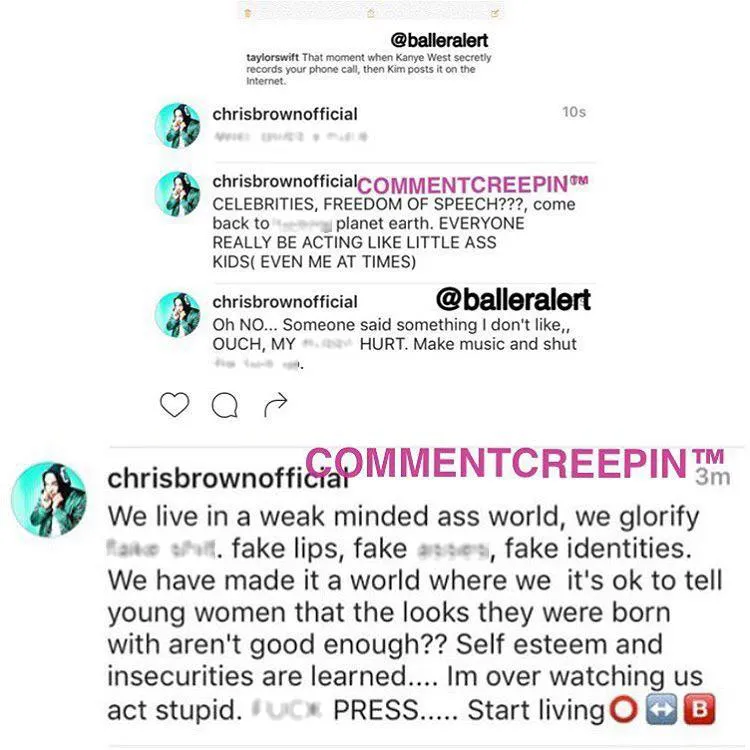 Komentar Chris Brown yang berhasil tertangkap karena muak melihat konflik Taylor Swift dan Kanye West © instagram.com/balleralert