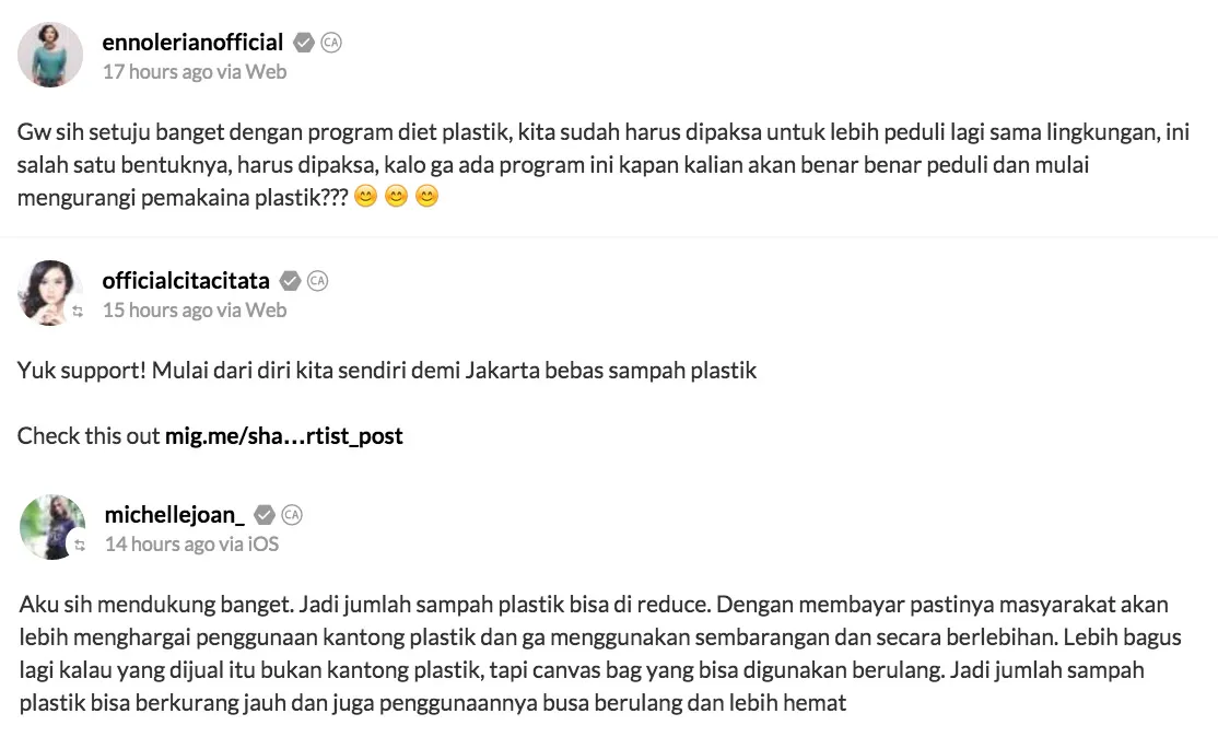 Bukan cuma berkomentar, para selebritis ini juga memberikan saran alternatif agar kita tidak tergantung pada plastik © MigMe